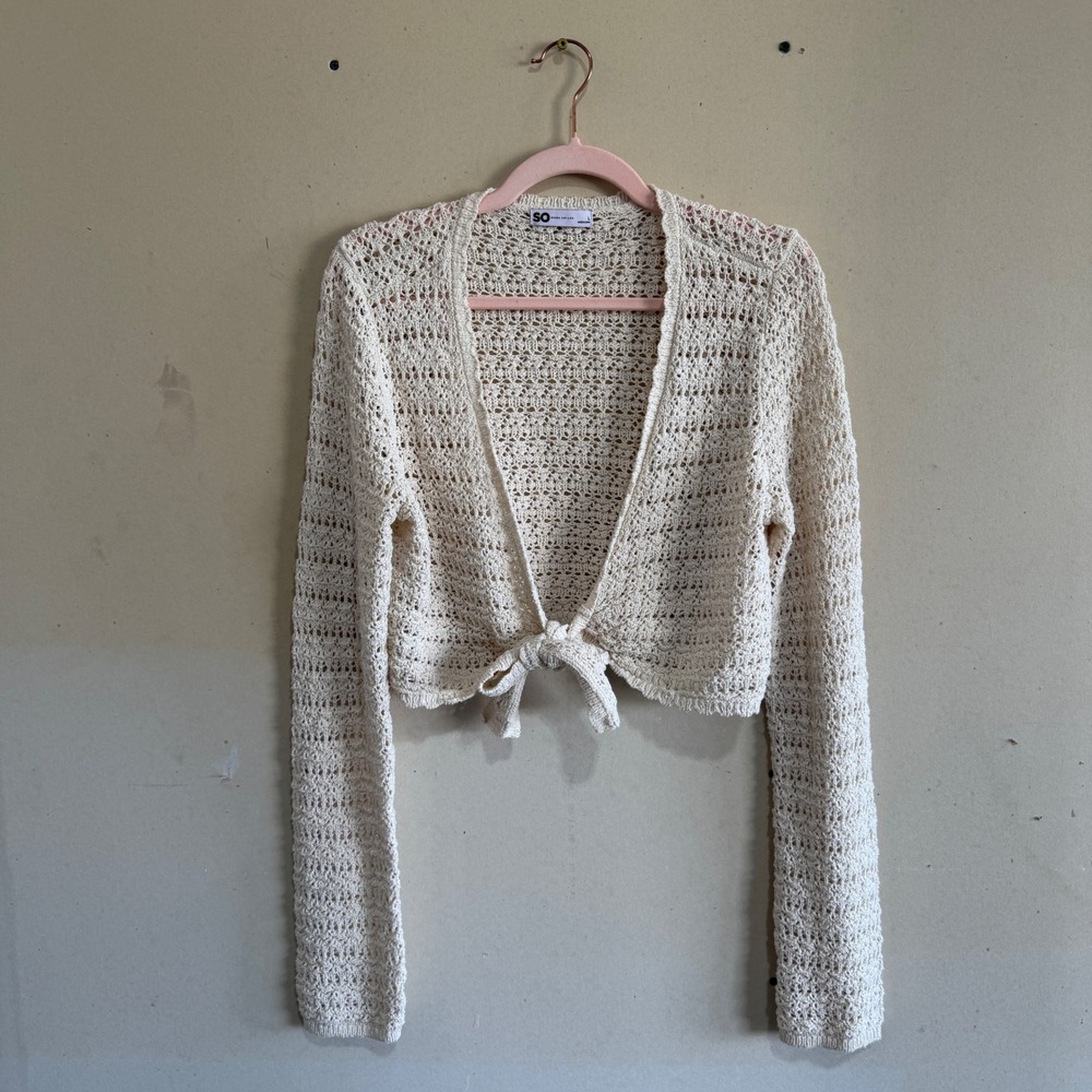 SO Goods For Life Cream Open Knit Tie Front Cropped Cardigan Sweater Large